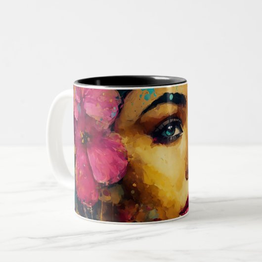 Bold Pink Hibiscus en vrouw Abstract Portret Tweekleurige Koffiemok (Voorkant links)