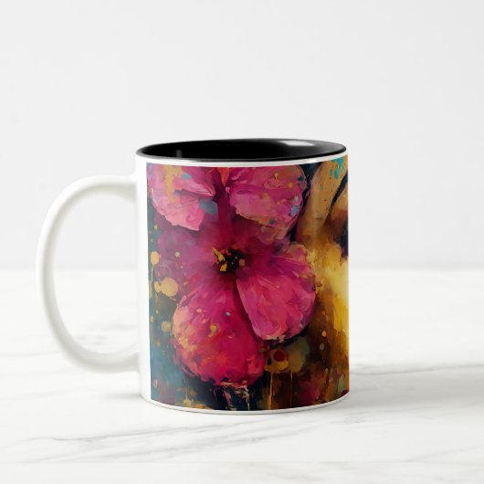 Bold Pink Hibiscus en vrouw Abstract Portret Tweekleurige Koffiemok (Links)