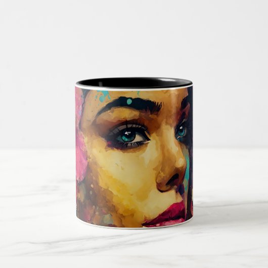 Bold Pink Hibiscus en vrouw Abstract Portret Tweekleurige Koffiemok (Center)