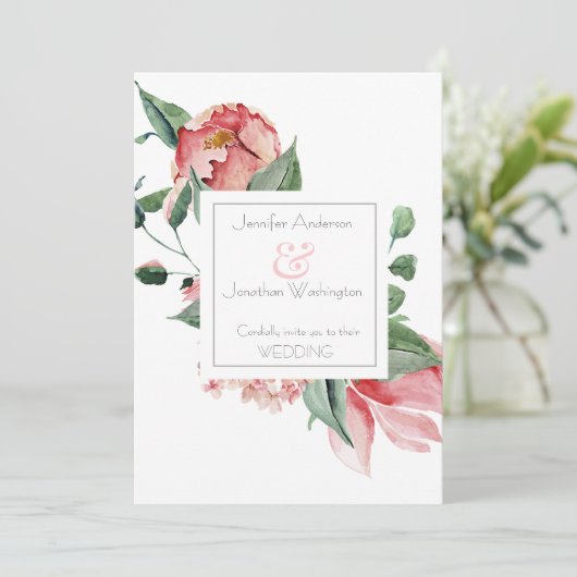 Bold Pink Magnolia - Mooie Floral Weddenschap Aankondiging (Staand voorkant)