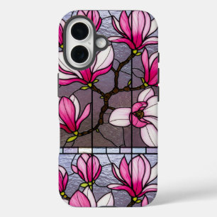 Bold Pink Magnolias Glas in lood Illusie iPhone 16 Hoesje