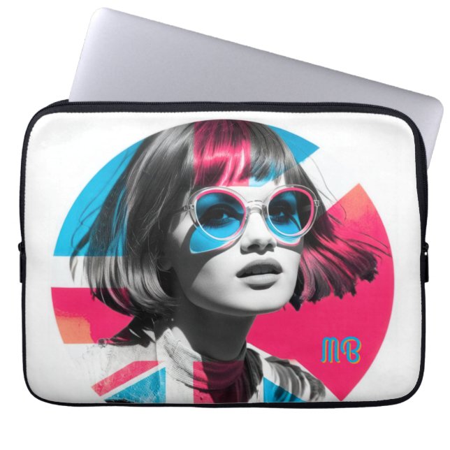 Bold Pop Art Cool Girl Retro Modern British Style Laptop Sleeve (Voorkant)