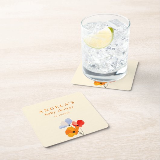 Bold Poppy Floral Baby shower Vierkante Kartonnen Onderzetter (Insitu)