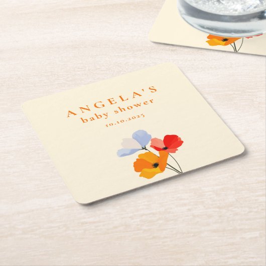 Bold Poppy Floral Baby shower Vierkante Kartonnen Onderzetter (Schuin)