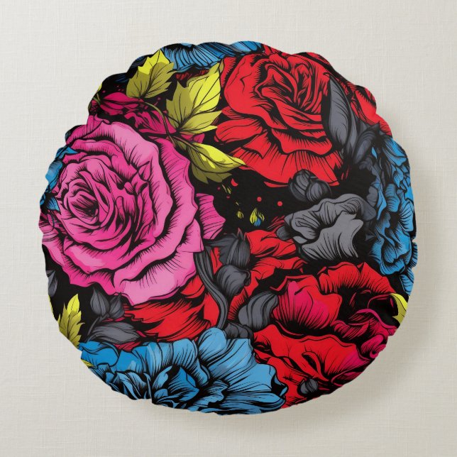 Bold Punk Blooms Floral Round Pillow Rond Kussen (Voorkant)