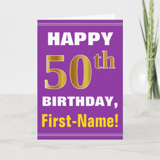 Bold, Purple, Faux Gold 50th Birthday w/ Name Card Kaart (Voorkant)
