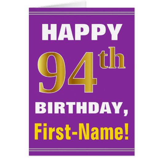 Bold, Purple, Faux Gold 94th Birthday w/ Name Card (Devant)