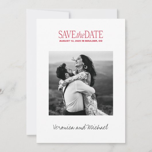 Bold Red Font Modern Photo Save The Date (Voorkant)