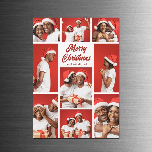 Bold Red Merry Christmas Photo Collage Magnet Card