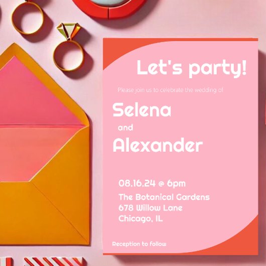 Bold Retro Helder Sinaasappel en Roze bruiloft Kaart