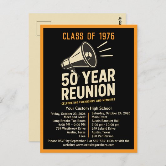 Bold Retro High School Reunion Pep Rally Megaphone Briefkaart (Voorkant / Achterkant)