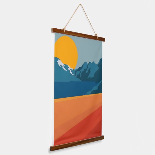 Bold Retro Mountain Scene - Rood en Blauw Minimali Hangend Wandkleed (Gebogen)