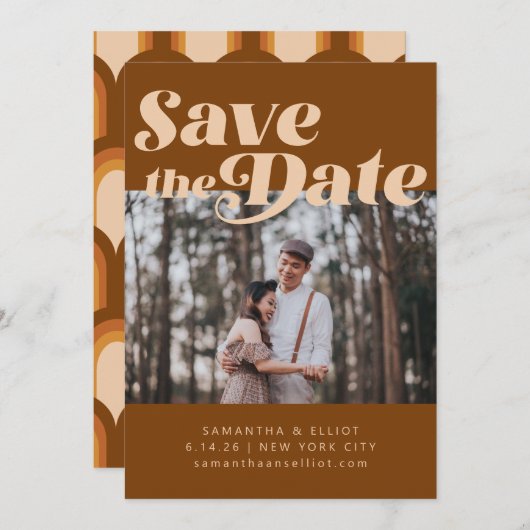 Bold Retro Typography Groovy Brown Photo Weddensch Save The Date (Voorkant / Achterkant)