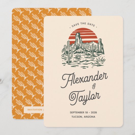 Bold Retro Vibes Saguaro Landscape Woensdag Save The Date (Voorkant / Achterkant)