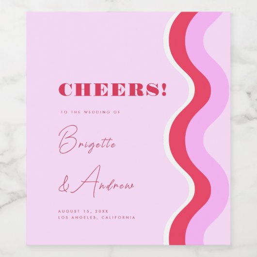 Bold Retro Wave Pink en Rode Script Weddenschappen Wijn Etiket (Enkel label)