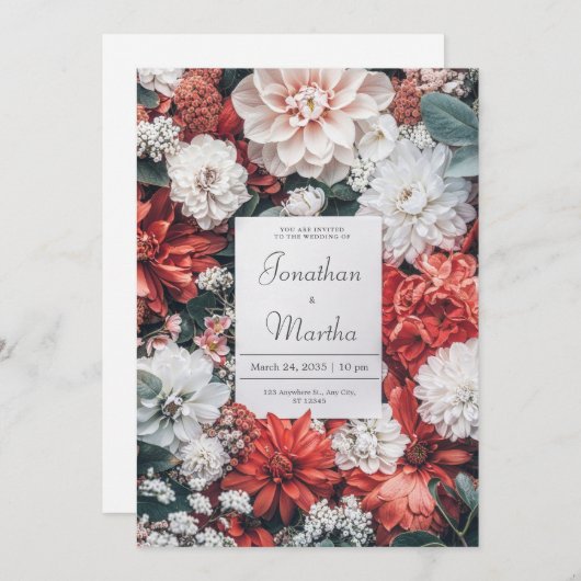 Bold Rood & Witte Tuin Bloom Huwelijksuitnodiging Kaart (Voorkant / Achterkant)