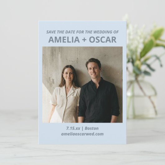 Bold Soft Blue Photo Modern Typography Wedding Save The Date (Staand voorkant)