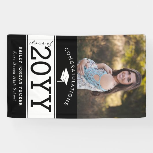 Bold Sporty Black en White Photo Afstuderen Spandoek (Horizontaal)