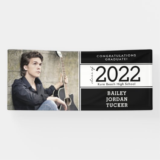 Bold Sporty Black White Photo Afstuderen Spandoek (Horizontaal)