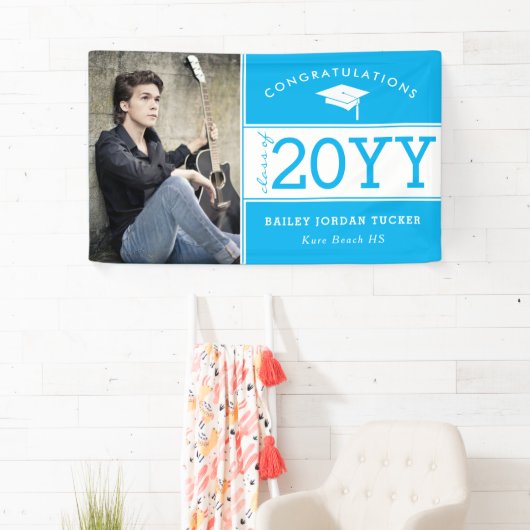 Bold Sporty Sky Blue Photo Afstuderen Spandoek (Insitu)