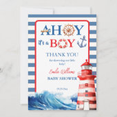 Bold Striped Blue Red Nautical Ahoy Boy Lighthouse Bedankkaart (Voorkant)