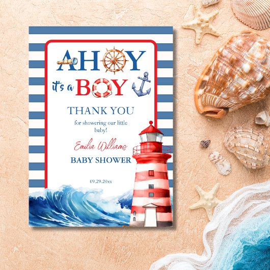 Bold Striped Blue Red Nautical Ahoy Boy Lighthouse Bedankkaart