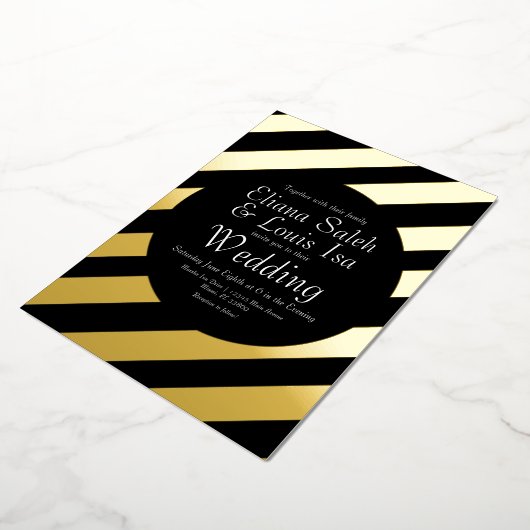 Bold Stripes Gold Script Weduwschap geperst Folie Uitnodiging (Gedraaid)