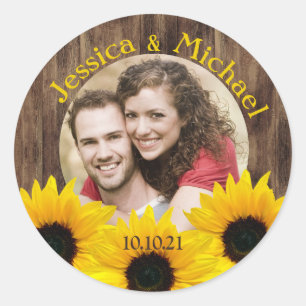 Bold Sunflower Wood Foto Weddenschap Save the Date Ronde Sticker