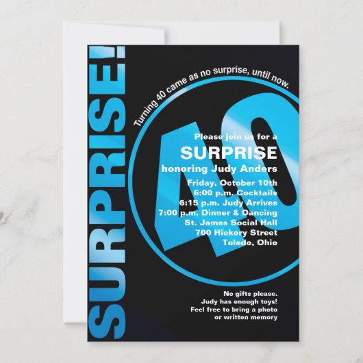 Bold Surprise Birthday Invitation - Blue 40th Kaart (Voorkant)