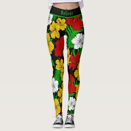 Bold Tropical Hibiscus Floral Pattern Leggings (Voorkant)