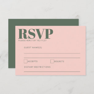 Bold Typography Blush Pink Green Modern Wedding RSVP Kaartje