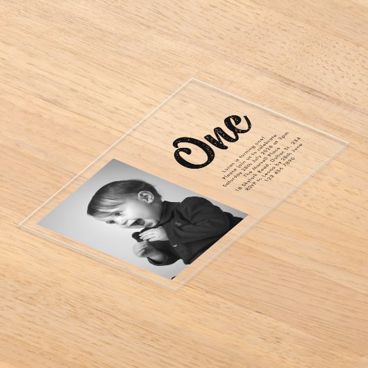 Bold Typography First Birthday Photo Acryl Uitnodigingen (Laagn)