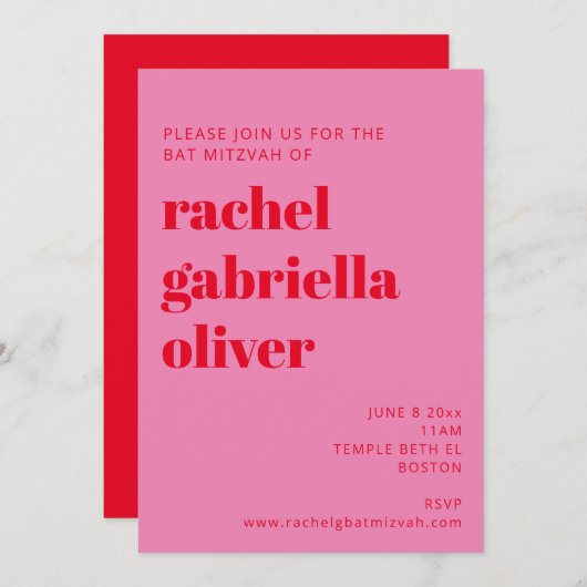 Bold Typography Pink and Red Modern Bat Mitzvah Kaart (Voorkant / Achterkant)