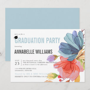 Bold Waterverf Wildflowers Aqua Graduation Party Kaart