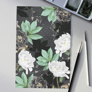 Bold White en Black Peony Flower Pattern Decoupage Tissuepapier