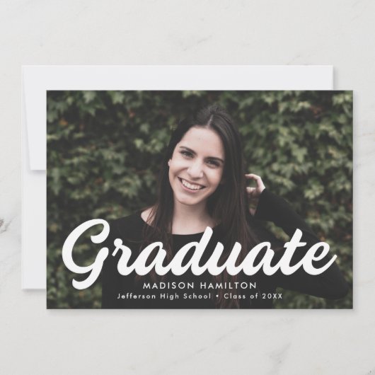 Bold White Script Photo Afstuderen Aankondiging (Voorkant)