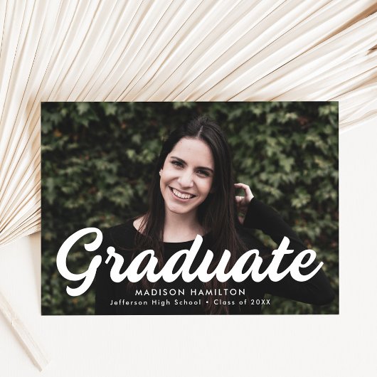 Bold White Script Photo Afstuderen Aankondiging