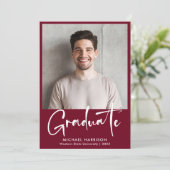 Bold White Script Photo Burgundy Afstuderen Aankondiging (Staand voorkant)