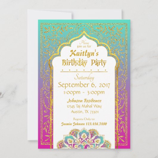 Bollywood Arabian Nights Birthday Invitation Card (Devant)