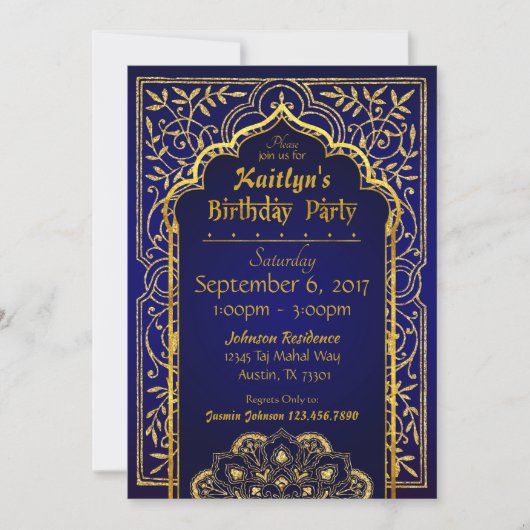 Bollywood Arabian Nights Birthday Invitation Card (Devant)