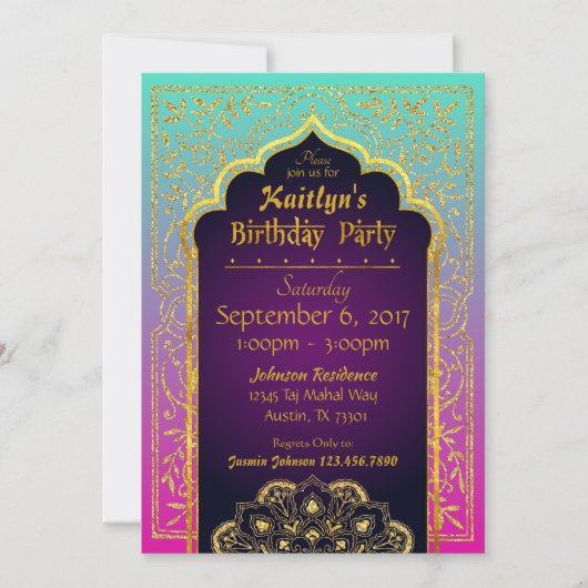 Bollywood Arabian Nights Birthday Invitation Card (Devant)