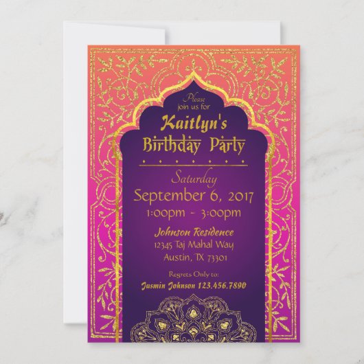 Bollywood Arabian Nights Birthday Invitation Card (Devant)