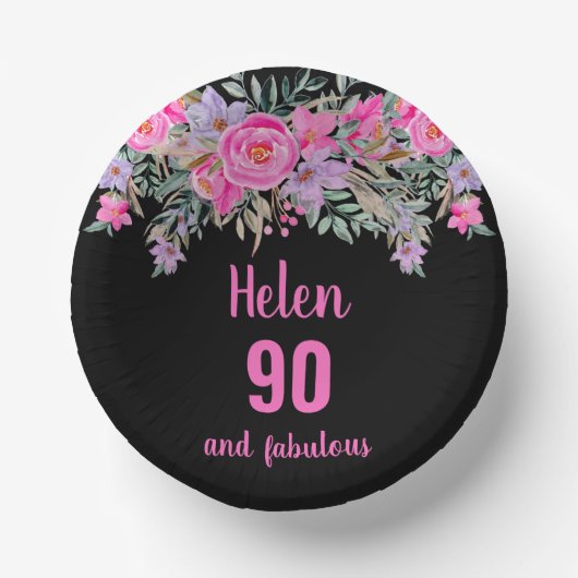 Bols En Carton 90e anniversaire rose noir aquarelle florale (Recto)