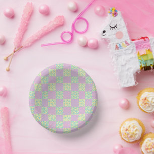 Bols En Carton à damiers Love-Pastel rose, jaune, violet et vert