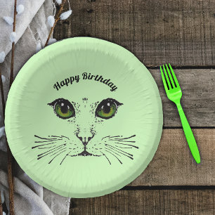 Bols En Carton Anniversaire visage de chat en noir vert yeux Whis