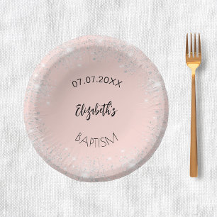 Bols En Carton Baptême rose or argent nom fille