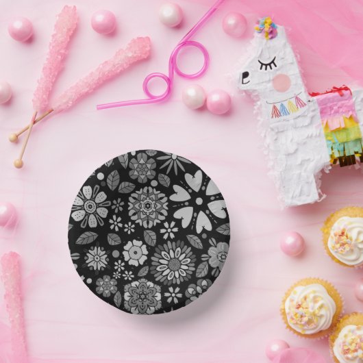 Bols En Carton Black And Gray Retro Floral Art Seamless Pattern (Fête)