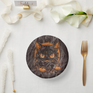 Bols En Carton Chat noir d'Halloween avec Citrouilles et lune