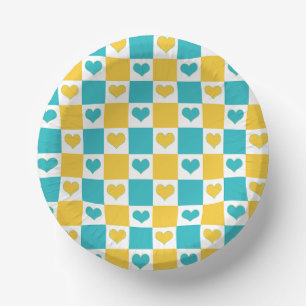 Bols En Carton Cœurs damier en turquoise et jaune