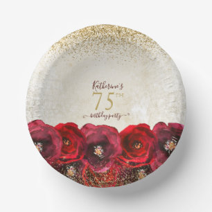 Bols En Carton Élégante Rose rouge Floral Or 75e fête d'anniversa